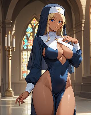 A depiction of an animated character dressed as a nun with exaggerated features and a suggestive pose.