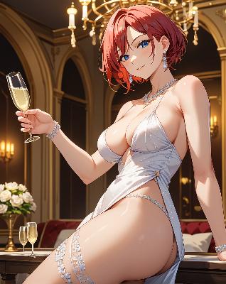 "Anime character in elegant dress celebrating with champagne."