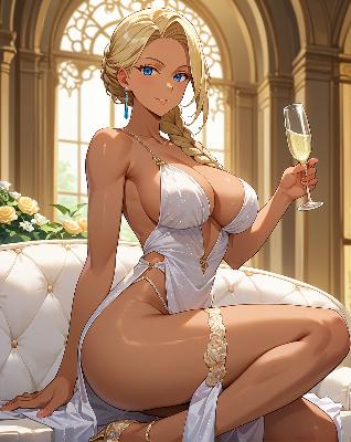 A woman in a white dress holding a glass of wine.