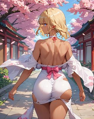"Anime character in traditional Japanese outfit walking under cherry blossoms."