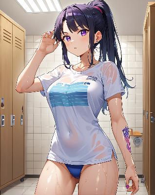 A female anime character wearing a sports shirt and shorts, standing in a gym locker room with wet skin, possibly after a workout or shower.