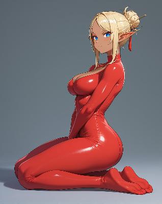 A female character with blonde hair and blue eyes wearing red body armor.