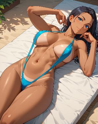 "Anime female character in bikini on beach."