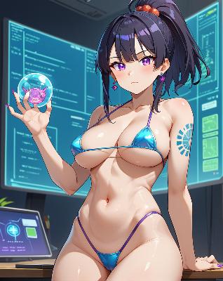 "Anime character in bikini holding ball."