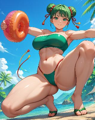 A female character in a bikini on a beach holding a flotation device.