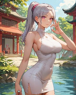 Anime character with pink hair and white dress standing in front of traditional Japanese architecture.