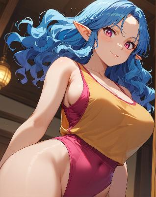 A young woman with blue hair and pointed ears wearing a yellow top with red trim.