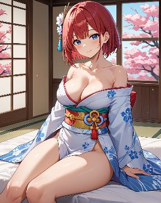 A red-haired anime girl wearing traditional Japanese clothing is sitting on a bed with cherry blossoms outside the window.