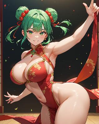 This is an image of a female character from an anime series. She has green hair and is wearing traditional Chinese attire, including a red dress with gold accents and a pearl necklace. The character appears to be in a dynamic pose, possibly dancing or performing, as indicated by the motion lines around her arms and legs. There are also decorative elements such as fireworks and confetti in the background, suggesting a festive or celebratory atmosphere.