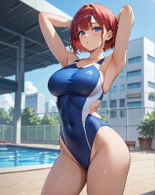 Female anime character in blue swimsuit posing by pool.