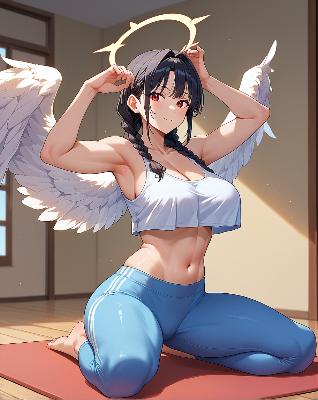 Anime girl with wings and halo, sitting on yoga mat.