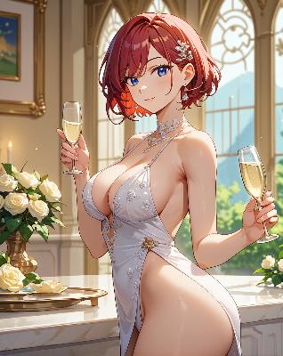 "Anime character in elegant dress holding champagne glasses."
