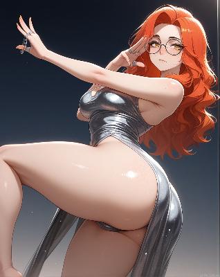 A red-haired anime girl in a silver dress with glasses, posing confidently.