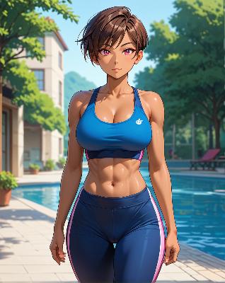 Woman in blue sportswear standing with hands on hips.