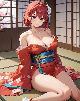 A young woman in traditional Japanese attire sitting on floor.