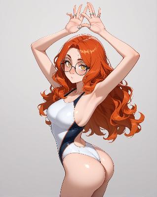 A red-haired female character in a swimsuit, with her hands on her hips and a confident pose.