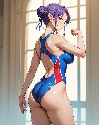 "Anime female character in blue and red swimsuit."