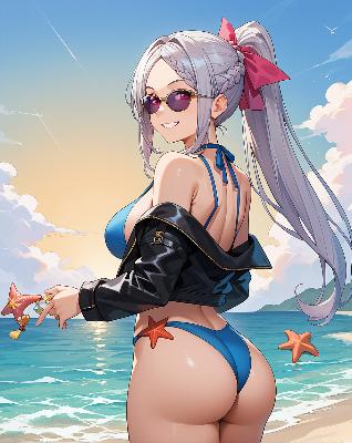 "Anime girl in bikini on beach at sunset."
