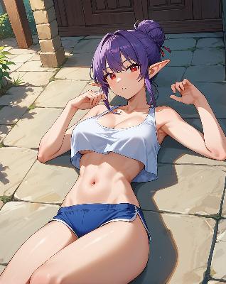 A female anime character lying on her stomach outdoors, wearing sportswear and showing off her toned abs.