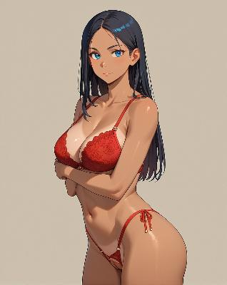 Woman in red lingerie with blue hair and hands on hips.