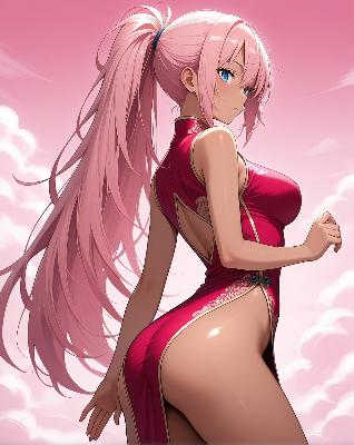 Anime girl in red dress with pink hair.