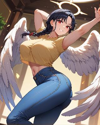Anime girl with wings and blush on cheeks.