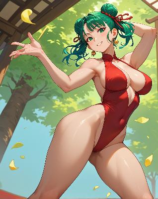 This is an illustration of an animated female character wearing a red swimsuit with green hair and blue eyes. She appears to be in a playful or confident pose.