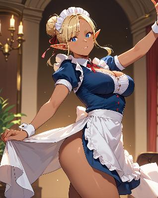 "Female elf character in maid outfit dancing."