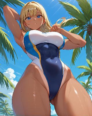 Anime character in blue swimsuit on beach.