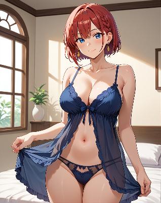 Anime girl in blue lingerie sitting on bed.