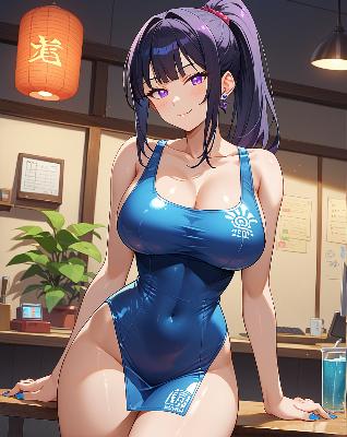 "Anime character wearing blue swimsuit."