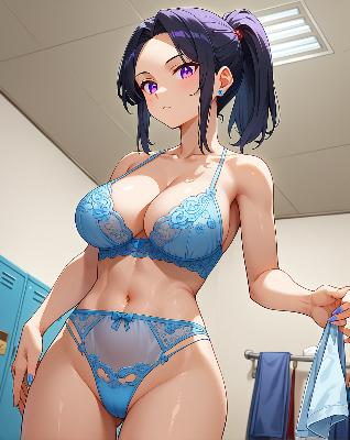 "Anime girl in blue lingerie."