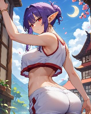"Anime girl in sportswear with purple hair and red eyes."