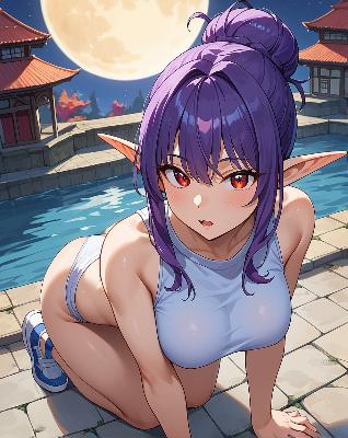 "Anime girl with purple hair wearing a white tank top and sitting on a stone floor next to a pool at night."