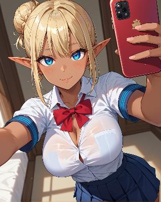 "Anime girl in school uniform taking selfie."