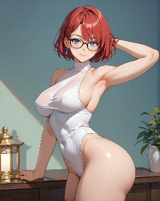 The image is of an animated character wearing a white swimsuit and glasses. She has red hair and is posing with one hand on her hip.